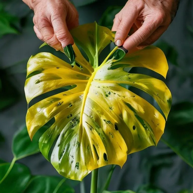 pruning a yellow monstera leaf