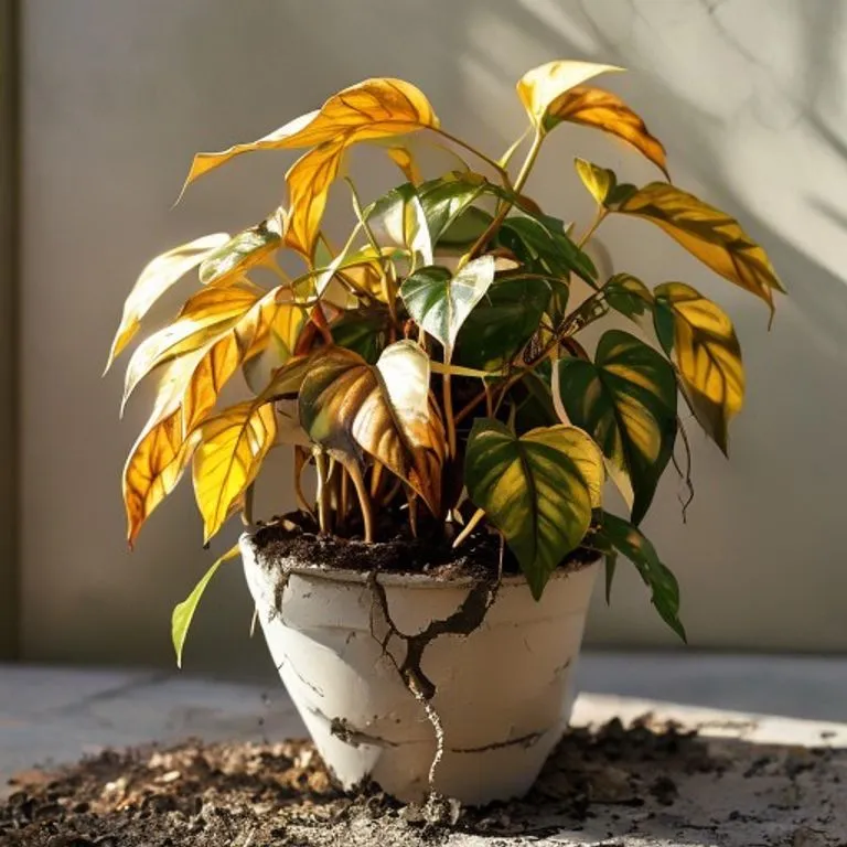 Thirsty pothos plant with drooping yellow leaves and dry soil showing signs of underwatering