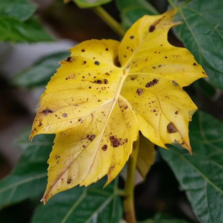 Close-up of a yellowing plant leaf with brown spots indicating early signs of overwatering and root rot