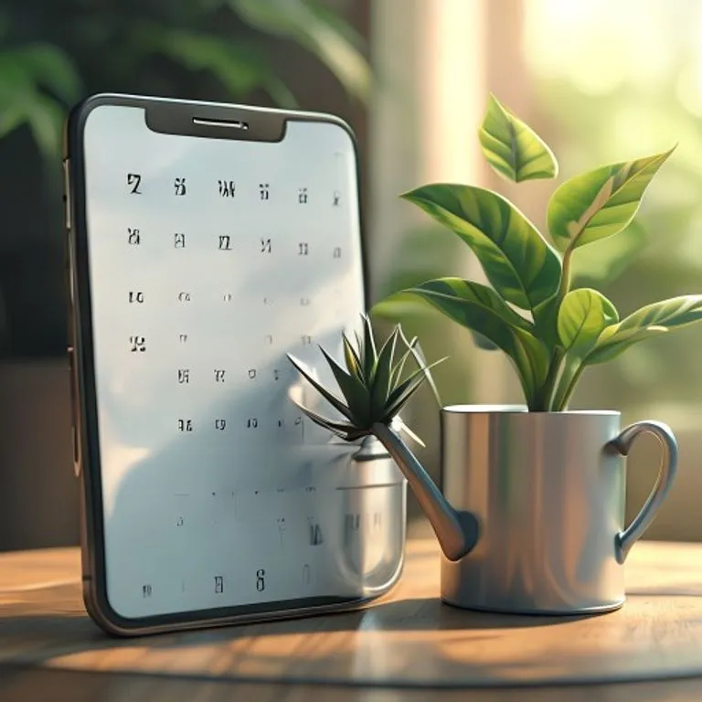 Smartphone with a calendar app next to a watering can suggesting a flexible watering routine based on plant needs