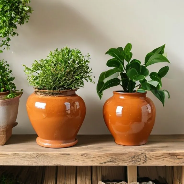 Comparison of terracotta and ceramic pots for indoor plants to show differences in soil drying speeds
