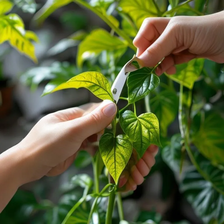 Pruning yellow leaves from a pothos plant using clean gardening shears
